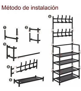 Appendiabiti in Metallo Nero con Ganci + Scaffalatura a Quattro Livelli, Mobile Multifunzionale per Ingresso |    Appendiabiti e scarpiera tutto in uno - Product Image 6