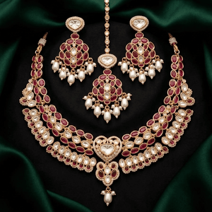 Elegant Layered Kundan Gold Plated Ruby Necklace Set With Matching Earrings For Women Traditional Bridal Wedding Jewelry Sets - Product Image 1