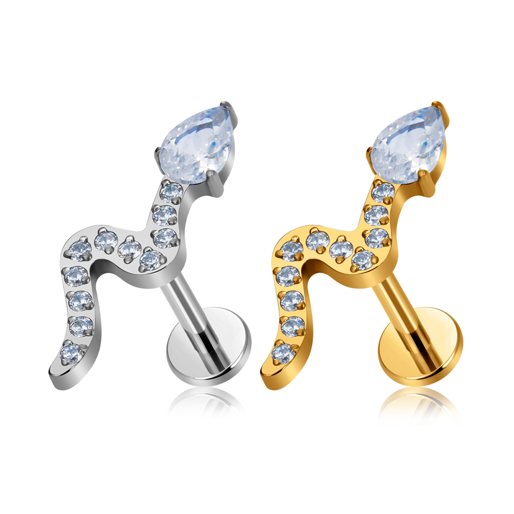 G23 ASTM F136 Titanium Snake Shape Nose Stud Earrings Zircon Inlay