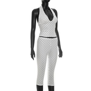Viviblook D26ST184 Women Summer Outfit <b>Sexy</b> Sleeveless Polka Dot Print Halter Tank Top Tight Cropped Pants Two Piece <b>Set</b> - Product Image 4