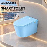 WC intelligent mural bleu avec double chasse, siège chauffant, lavage féminin, séchage à l'air, couvercle automatique, buse autonettoyante, siphon en P et télécommande