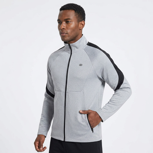 Veste de sport grise pour homme avec fermeture éclair intégrale, empiècements noirs et poches latérales, respirante, en polyester mi-lourd, idéale pour l'automne - Product Image 3