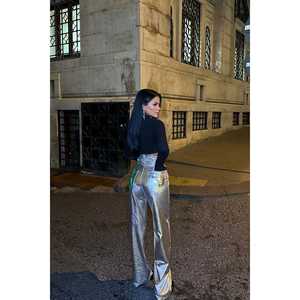 กางเกงขายาวสีเงินเอวสูงสำหรับผู้หญิง สาวๆ เนื้อผ้าทอระบายอากาศได้ดี เอวยางยืด ทรงสวยหวาน ไซส์ XL 3XL สำหรับทำงาน ฤดูร้อน - Product Image 1