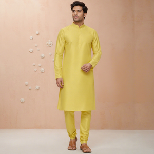 Wholesale <b>Mens</b> Yellow Silk <b>Kurta</b> Stand Collar Party Wear Top Fashion Traditional Ethnic Festival Long Shirt Custom - Product Image 1