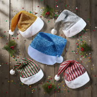Chapeaux de Noël en polyester rayé et uni or-bleu, en soie brillante, avec bordure en peluche écologique de haute qualité, vente en gros