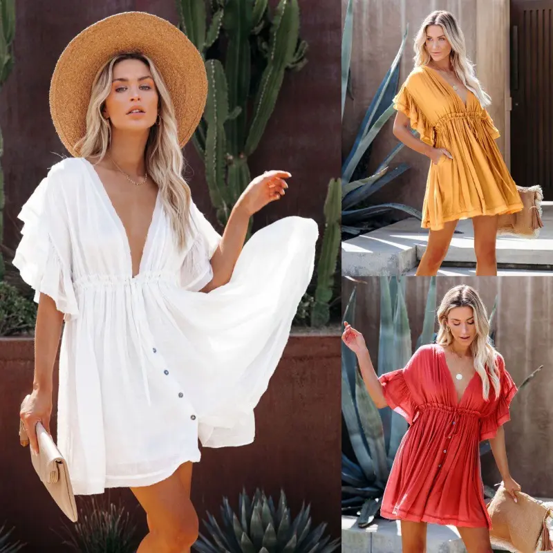 2023 Katoenen Bikini Cover-Ups Witte Tuniek Sexy V-Hals Vlindermouw Zomer Strandkleding Mini Jurk Plus Size Vrouwen Zwempak