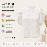 Chemisier blanc vintage en dentelle florale pour femme, à manches bouffantes, col montant, broderie ajourée, style estival décontracté et élégant, smocké, idéal pour le bureau, ODM