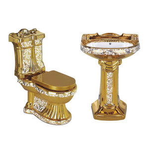 Châu Âu sang trọng cổ điển hai mảnh Gốm Vàng nhà vệ sinh sàn gắn bát tròn với dual-tuôn ra S-trap thoát nước cho phòng tắm <span class=keywords><strong>WC</strong></span> - Product Image 1