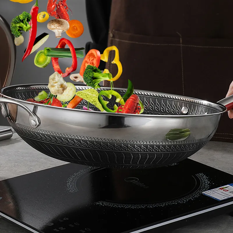2022Southeast Asia hot selling honeycomb frying pan stainless steel 304 kitchenware frying pan 34cm non stick pan