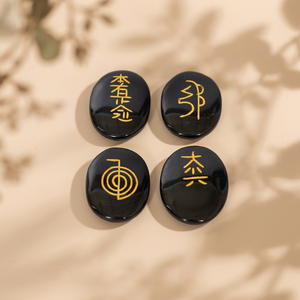 Ensemble de Pierres Semi-Précieuses en Agate Noire Ovale Sculptée, Chakra, Reiki, Feng Shui, Gravure d'Intentions de Guérison, Nouvelle Ère, Gujarat - Product Image 4
