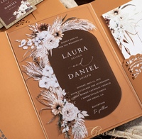 Carte d'invitation de mariage en acrylique transparente avec texte doré personnalisé, prix d'usine, avec enveloppe et support de présentation