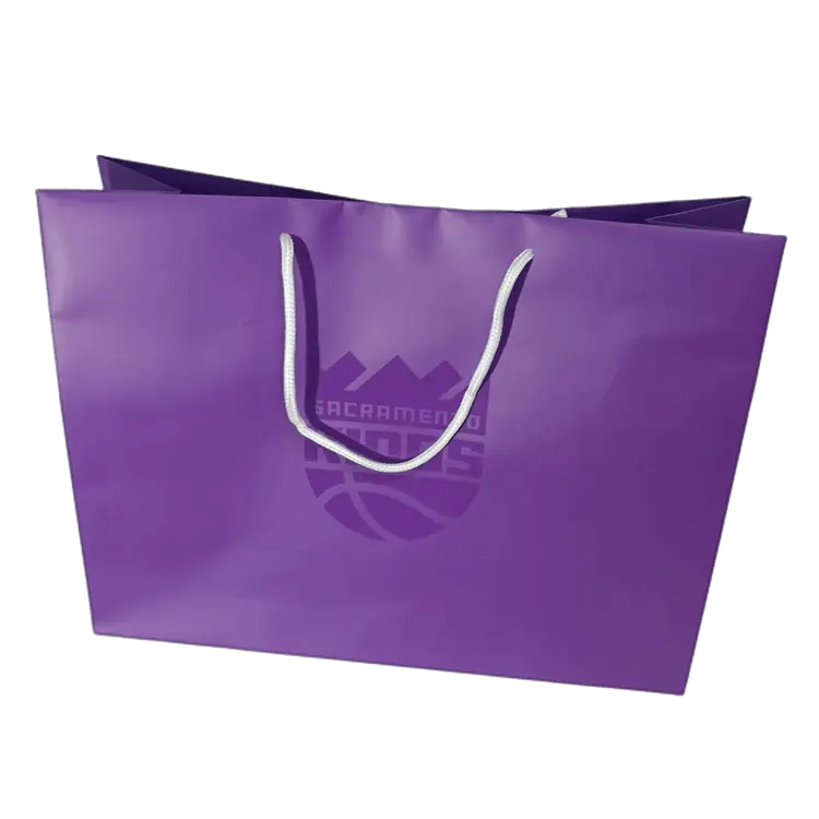 Lüks mor renk ofset baskı özel kağıt alışveriş çantası kendi logo ve nokta UV
