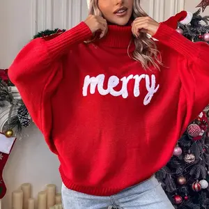 Sweater natal wanita, Sweater perempuan lengan kelelawar longgar leher tinggi musim gugur dan musim dingin