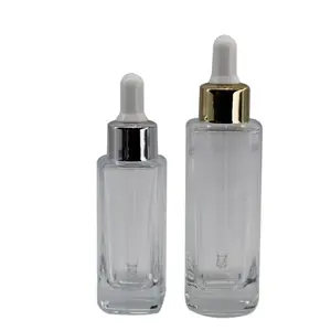 1oz 2oz Clear Slim Square Glass Bottle with Dropper or Mist Spray Pump or else for cosmetic packaging