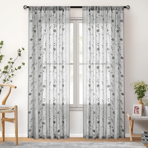 Rideaux et cantonnières en polyester 100% ignifuges, occultants, toutes saisons, à œillets, avec motif floral brodé de trèfles à quatre feuilles - Product Image 1