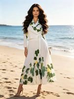Robe longue plissée florale de luxe pour femme, coupe ajustée, manches longues, ceinturée, style portefeuille, tenue de villégiature élégante