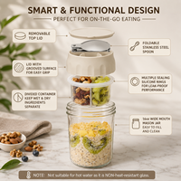 Pot à Overnight Oats 2-en-1 avec cuillère, hermétique et anti-fuite, pour yaourt et garniture de fruits, idéal pour la préparation des repas