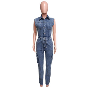 Wholesale New Casual Stretch Washed Sleeveless Denim Straight Wide-legged <b>Pants</b> Women Jumpsuit Fashion - Product Image 4