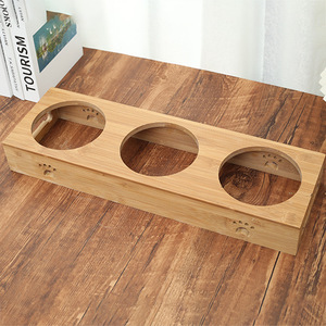 Support de gamelle pour chat en bambou à trois compartiments, support de vaisselle écologique pour ustensiles de nourriture pour chat, utilisation sur table à manger - Product Image 2