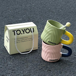 Concise Ceramic <b>Mug</b> Pink Blue Handle Letter Print Minimalist Design Office Home Use Gift Cup - Product Image 2