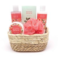 Coffret Cadeau de Bain Panier Tressé Parfum Pêche Blanche OEM Comprenant Gel Douche, Lait Corporel, Gommage, Sels de Bain et Éponge de Douche pour Soin de la Peau