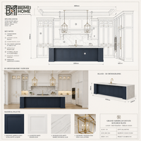 Meubles de cuisine à plafond encastré Grand Estate, îlot bleu marine américain, lanternes géométriques dorées, cascade de marbre, menuiserie