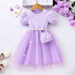 <span class=keywords><strong>Vestito</strong></span> Estivo 2026 per <span class=keywords><strong>Bambina</strong></span> con Maniche a Sbuffo, in Tulle Rosa con Patchwork e Perle, con Borsa, Grazioso Abito Viola - Product Image 4