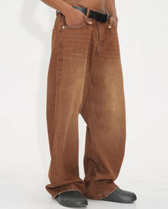 جينز قطني غير رسمي مخصص مغسول ساق واسعة مستقيمة مقاس كبير بنطلون بني مصنع بيع بالجملة دينم فضفاض بحافة سيلفيدج للرجال - Product Image 4