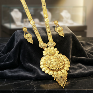 Juego de Collares Largos de Oro Micronizado de 14K, 18K y 24K al por Mayor, Diseño Floral Tradicional, Juego de Joyería de Latón Micronizado - Product Image 3
