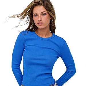 T-shirt en tricot à manches longues bleu pour femme, col rond, coupe ajustée, couleur unie, décontracté, respirant, à porter toute l'année - Product Image 3