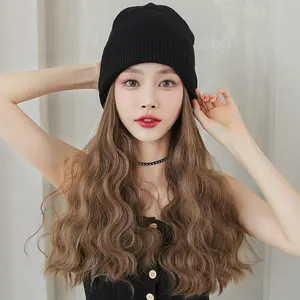 Gorro de lana con pelo para mujer, gorro de lana con Cable de 20 pulgadas, con extensiones de cabello extraíbles