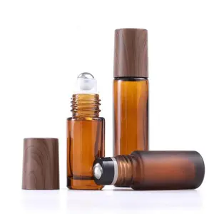 5ml 10ml 15ml amber glass perfume roll on bottle with wood pattern plastic material cap