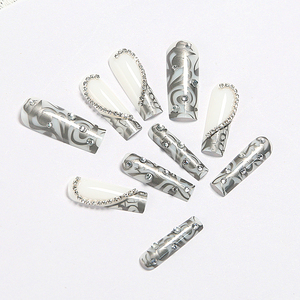 Ongles à presser de luxe argentés effet tourbillon, longs, forme cercueil, avec strass 3D, réutilisables, en acrylique, pour femmes, soirées et bals de promo - Product Image 1
