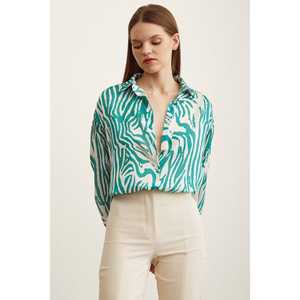 Camisa de Satén con Estampado de Cebra para Mujer, Verde, con Botones, Blusa Informal para Uso Diario - Product Image 1