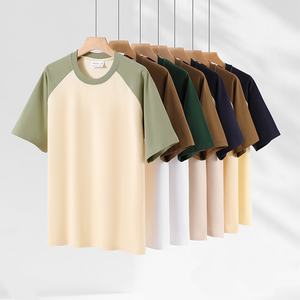 280g 32 더블 원사 면 라글란 슬리브 티셔츠 남성용 여성용 반소매 대비 색상 느슨한 반 - Product Image 1