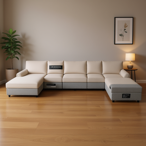 Sofá Seccional de Tela de Lino Beige Gris con Almacenamiento, Juego de Sala de Estar, Diseño Moderno Contemporáneo - Product Image 2