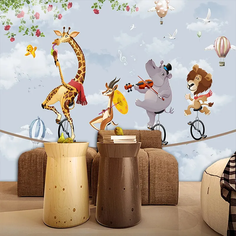 Custom 3D Murale Carta Da Parati Per La Camera Dei Bambini Del Fumetto Animale Leone Elefante Giraffa Photo Wall Affresco Carte Da Parati Stanza di Bambini Della Decorazione