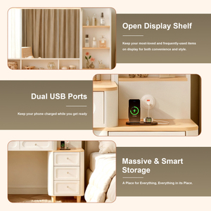 Modern Solid Oak Wood <b>Vanity</b> Desk with Removable Lighted <b>Mirror</b> 2 USB Power Strips 3-Drawer Storage Set for Bedroom - Product Image 6