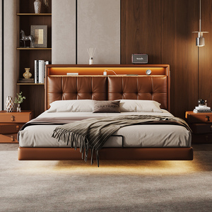 <span class=keywords><strong>Lit</strong></span> flottant de conception italienne tendance, inspiré du style vintage, entièrement rembourré en cuir pleine fleur avec rangement, minimaliste raffiné - Product Image 1