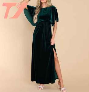 TUOYI, ropa personalizada para mujer, vestido <span class=keywords><strong>Maxi</strong></span> de terciopelo verde oscuro, cuello redondo, manga corta, cintura elástica, vestidos elegantes para mujer - Product Image 2
