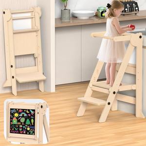 Taburete de cocina plegable para niños pequeños, torre de aprendizaje, 3 alturas ajustables, extraíble, <span class=keywords><strong>Blanco</strong></span>/pizarra, madera Natural, diseño moderno - Product Image 1