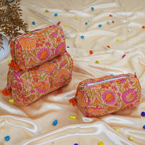 Trousse de Maquillage Textile Bohème Florale Grande et Moyenne avec Fermeture Éclair et Pompon, Pliable et Portable, Ensemble de Sacs Cosmétiques - Product Image 3