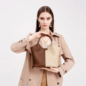 Nouveau sac fourre-tout en cuir véritable haut de gamme à couleur contrastante, fermeture éclair, doublure en polyester, sac à main panier pour femme, vente en gros - Product Image 3