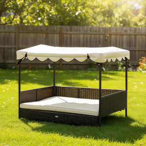 Lit d'extérieur pour chien en rotin blanc crème avec housse amovible, coussin moelleux et auvent pour chiens de taille moyenne à grande - Product Image 2