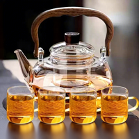 Ensemble de bouilloires en verre personnalisées avec logo, capacité 1000 ml, pour thé, café, jus, eau, avec 4 tasses et poignée en bois
