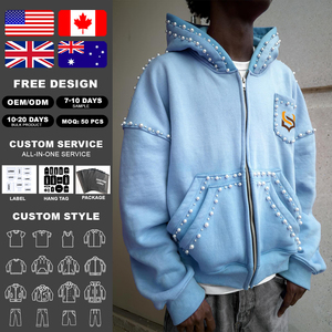 Sudadera con capucha para hombre, personalizada, de algodón grueso de 500 g/m², con hombros caídos, adornada con perlas, estilo vintage, con cremallera, color rosa - Product Image 2