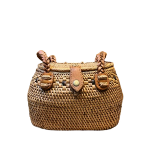 Sac de mode éthique classique Lombok fait à la main ovale Ketak sac en cuir tissé avec doublure traditionnelle Sasak Tenun artisanat en osier - Product Image 2