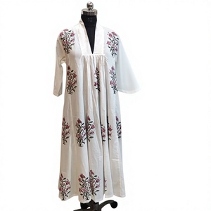 100% Cotton Bohemian Floral V-neck Hand Block-Printed Eco-Friendly Loose Fit <b>Summer</b> Spring ODM <b>Kaftan</b> Maxi Dress with Pockets - Product Image 1