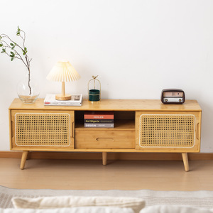 Meuble TV en bois massif avec portes en osier, rangement, meubles de salon, design moderne minimaliste - Product Image 4