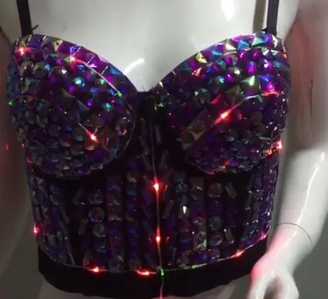 Soutien-gorge Bustier pour fête avec des strass brillants brodé, broderie de strass avec led, haut court pour spectacle de scène de danse